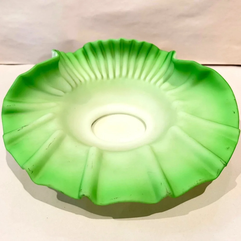 Fenton Green Satin Cased Over White Ruffled Shell Large Bowl Centerpiece 40s-50s